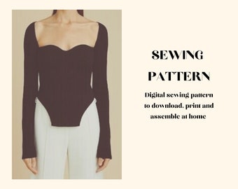 Puede incluir: Un patrón de costura digital para una blusa negra de manga larga con escote de corazón. El patrón está disponible para descargar, imprimir y ensamblar en casa.  "SEWING PATTERN" está escrito en letras negritas sobre el texto que describe el patrón.