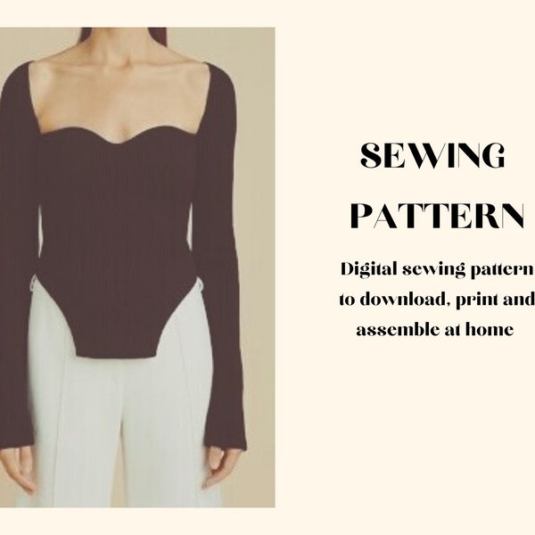 PDF Sewing Pattern: Sweetheart Long Sleeve Corset Top Square Neckline Classic Elegant