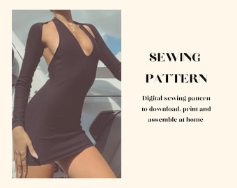 Puede incluir: Un patrón de costura digital para un vestido negro de manga larga, estilo halter, con escote pronunciado y espalda abierta. El patrón está disponible para descargar, imprimir y ensamblar en casa. SEWING PATTERN