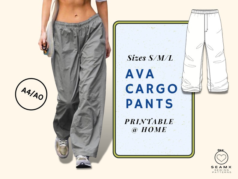 Puede incluir: Un patr&oacute;n de costura imprimible para pantalones cargo Ava, disponible en tallas S, M y L. El patr&oacute;n est&aacute; disponible en formato A4/AO y est&aacute; dise&ntilde;ado para imprimirse en casa.
