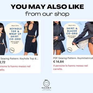 Puede incluir: Dos ilustraciones digitales de mujeres con diferentes dise&ntilde;os de ropa. La primera imagen muestra a una mujer con un top negro con abertura de ojo de cerradura y una falda de envoltura. La segunda imagen muestra a una mujer con una falda negra y una chaqueta. Ambas im&aacute;genes tienen texto que dice "Imprimible en casa".