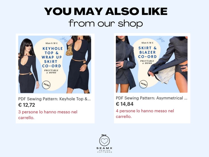Puede incluir: Dos ilustraciones digitales de mujeres con diferentes dise&ntilde;os de ropa. La primera imagen muestra a una mujer con un top negro con abertura de ojo de cerradura y una falda de envoltura. La segunda imagen muestra a una mujer con una falda negra y una chaqueta. Ambas im&aacute;genes tienen texto que dice "Imprimible en casa".