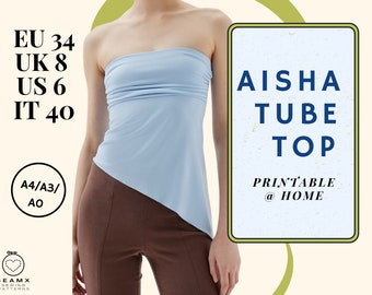 Op de afbeelding: Een printbaar naaipatroon voor een tube top genaamd "Aisha Tube Top". Het patroon is verkrijgbaar in de maten EU 34, UK 8, US 6 en IT 40. Het patroon is thuis te printen.