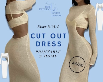 Puede incluir: Patrón de costura imprimible para un vestido con recortes, disponible en tallas S/M/L. El patrón está disponible en formato A4/AO. 2556 PATTERNS patrones de costura pdf.