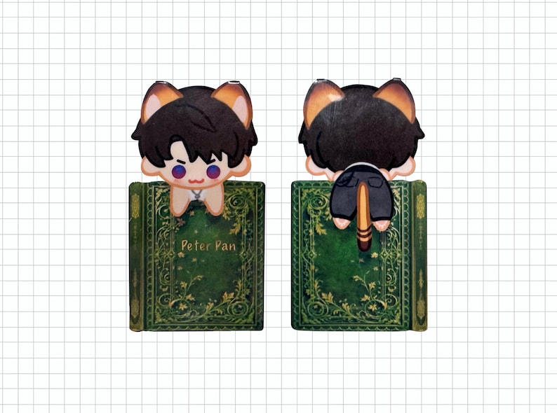 May include: A pair of decorative bookmarks featuring a cartoon character with black hair and cat ears, perched on a green book. The book is titled "Peter Pan" in white text. One bookmark shows the front, the other the back.