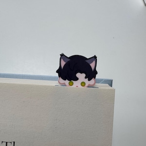 May include: A black and pink cat-shaped bookmark peeking over the top of a book. The bookmark has green eyes and is made of a soft material. The book's title is partially visible, reading "The Selling Cat".