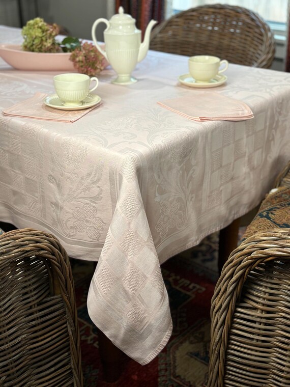Pink Checkerboard and Dogwood Pattern Cotton Tablecloth (56x72) with 2 Napkins