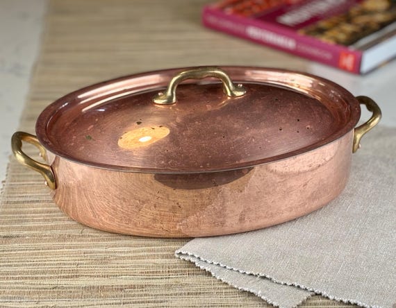 French Made Oval Copper and Tin Casserole Pot Dutch Oven with Lid