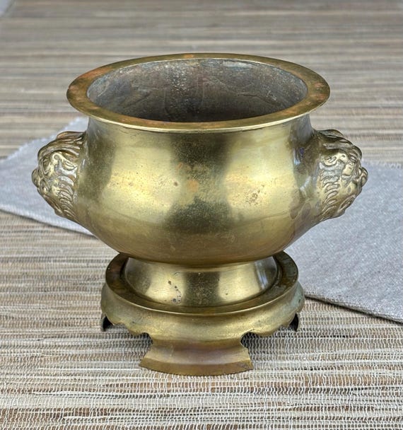 Small Brass Treasure Bowl Cauldron with Foo Dog Handles and Brass Stand