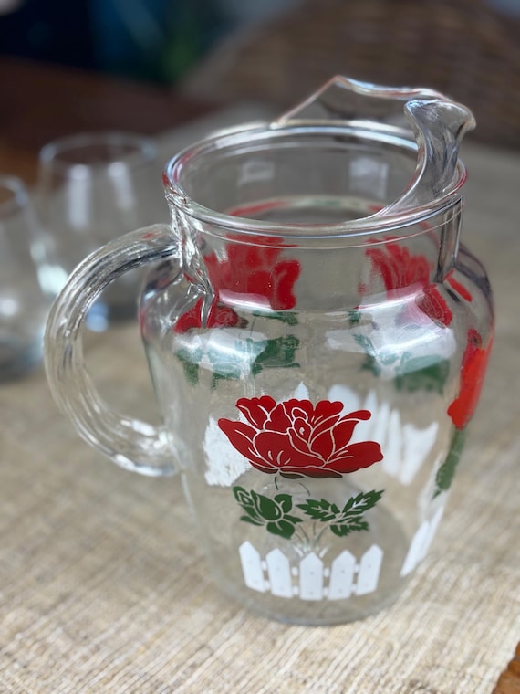 Vintage Midcentury Rose and Picket Fence Glass Water Pitcher