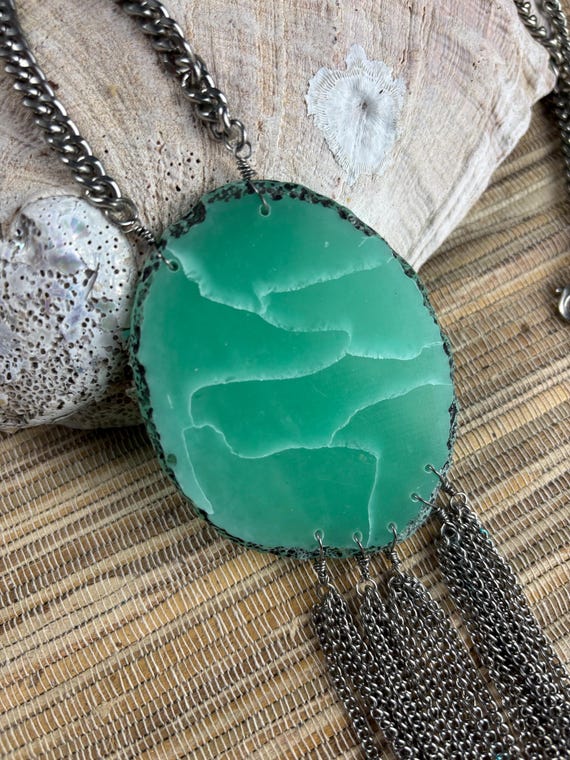 Aventurine Like Pendant with Chain Fringe on 26”inch Stainless Steel Chain