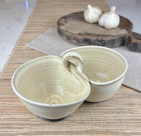 Hand Crafted Ivory Studio Pottery Two Dip Bowl with Handle
