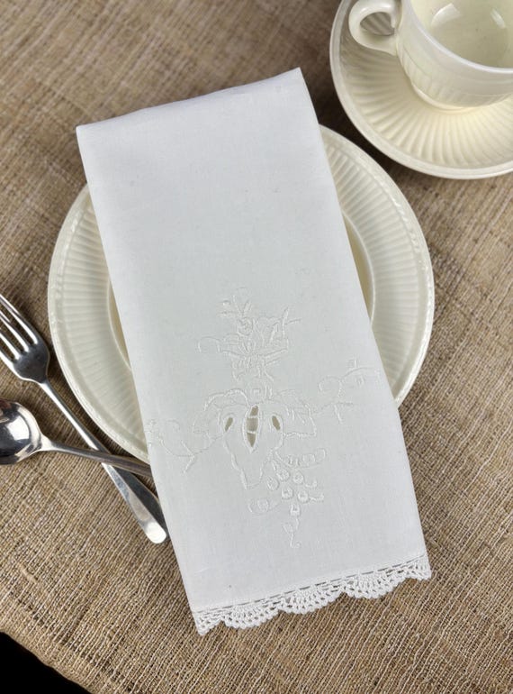 Vintage White Embroidered Cotton Tea Towel with Crocheted Lace Trim