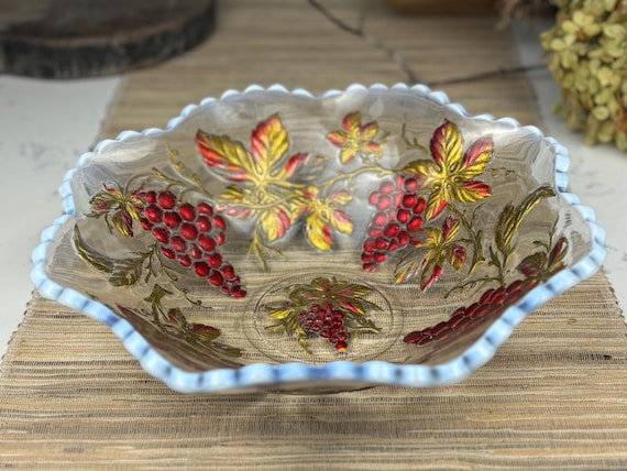 Dugan Goofus Glass Bowl with Red and Gold Grape Pattern Milk Glass Rim