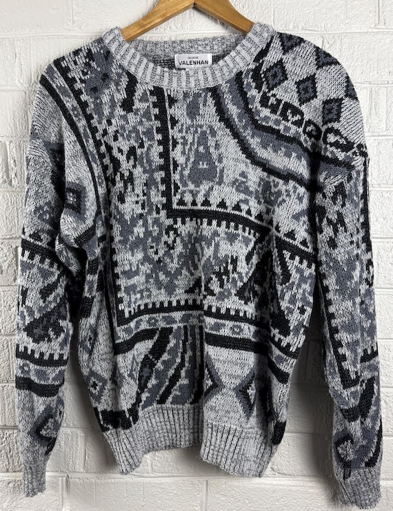 George Valenhan Graphic Black Gray and White Acrylic Sweater Size M