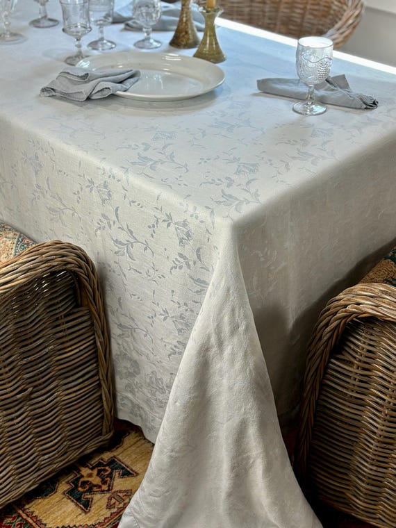 French Blue Hem Stitched Brocade Floral Tablecloth 104”x92”