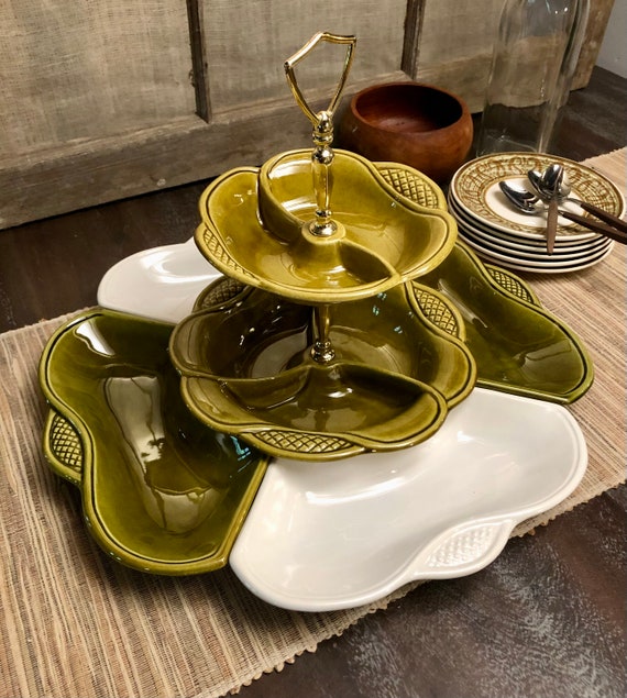 California Mould Green and White Ceramic HorsD’oeuvres Stand Lazy Susan