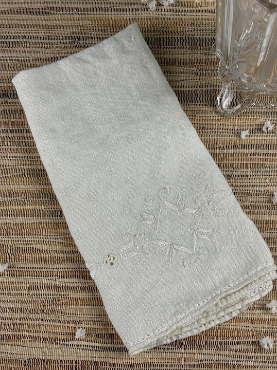 Linen Embroidered and Drawn Thread Tea Towel