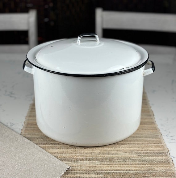 White and Black Enamelware Stew Pot