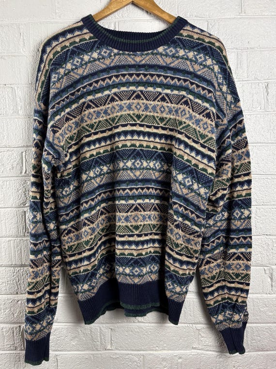 Saddlebred Fair Isle Style Blue Green Tan Graphic Sweater size L