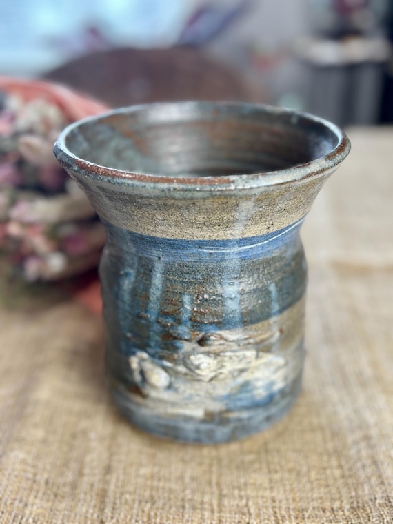 Studio Pottery Vase/Container Blue and Brown Earthenware