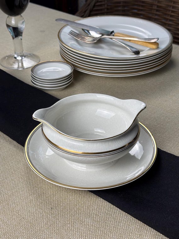 Johnson Brothers of England Semi Porcelain White China with Gold and Black stripe detailing