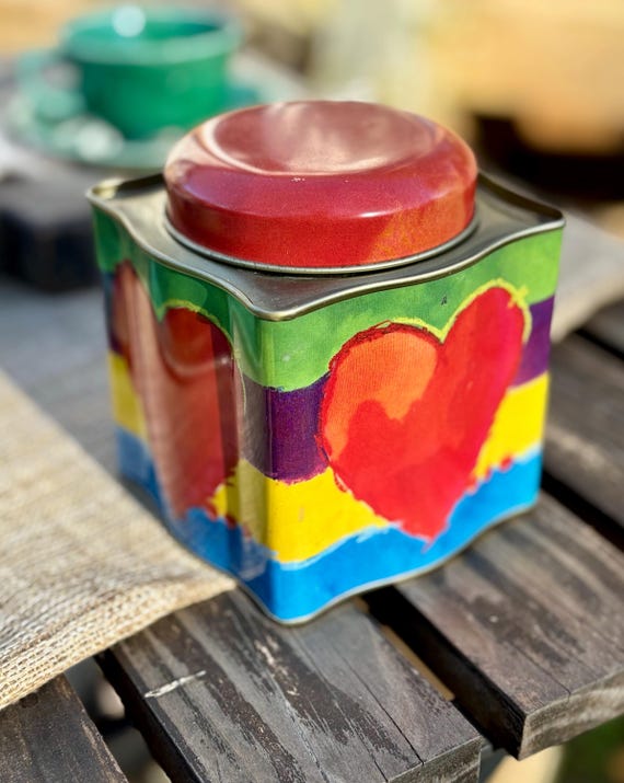 Vintage Bright Colored Tea Tin with Hearts