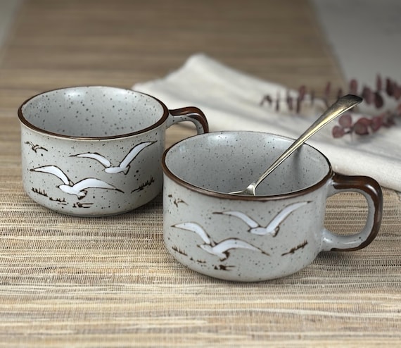 Otagiri Stoneware Soup Mugs with Seagulls Designs (2)