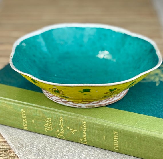 Turquoise Yellow and Floral Chinese Ceramic Bowl