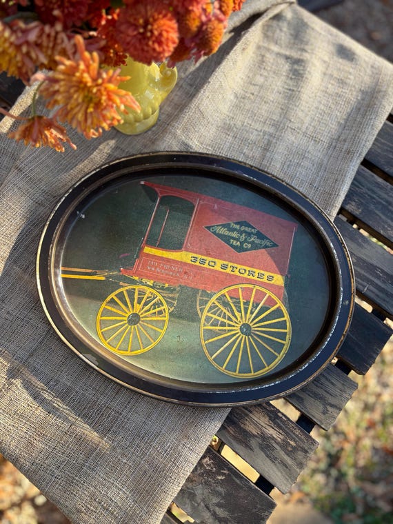 A&P Advertising Metal Oval Tray with Red Horse-Drawn Delivery Wagon