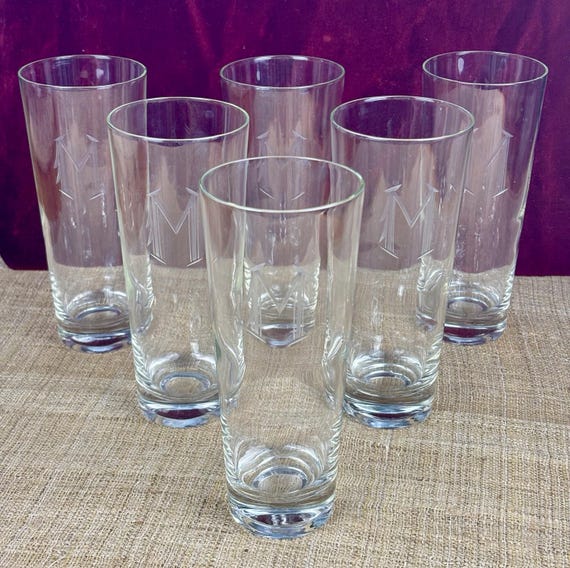Modern Monogrammed “M” Clear Glass Highball Ice Tea Glasses set of (6)