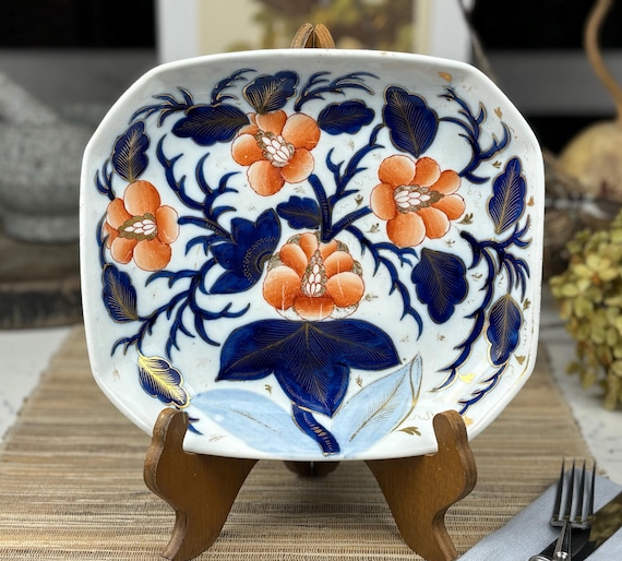 19th Century Blue and Orange Floral Porcelain Rectangular Bowl