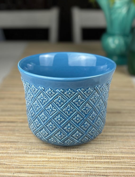 Deep Sea Blue Ceramic Planter with Lattice Rosette Raised Pattern