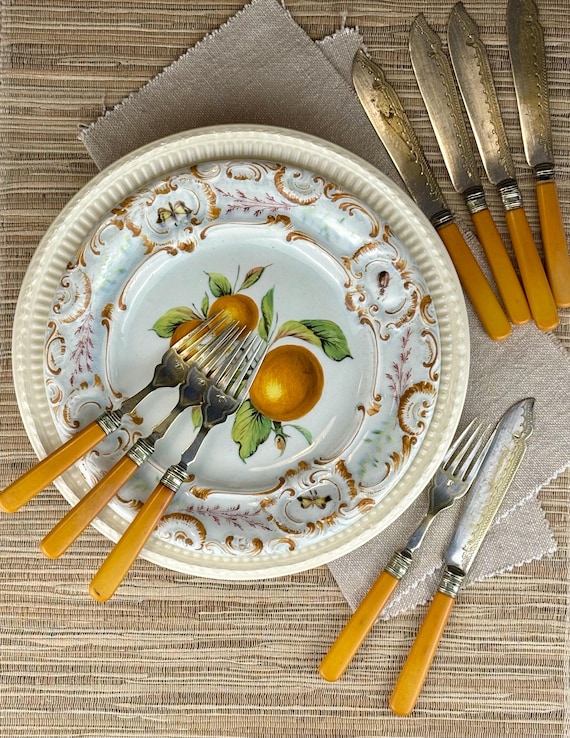 Early 20th Century Fish Cutlery Set 4 Forks 5 Knives Silverplate with Bakelite Handles