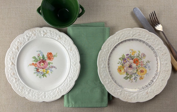 Edwin M Knowles China Co Nine in Dinner Plates with Floral Pattern Centers