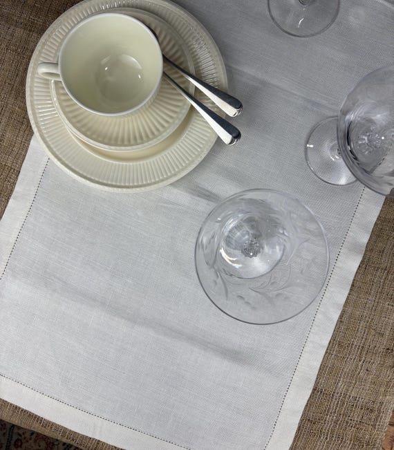 Vintage White Hem Stitched Bordered Cotton Linen Table Runner