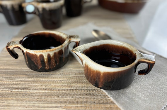 Hull Pottery Oven Proof Mirror Brown Drip Glaze Creamer And Sugar set