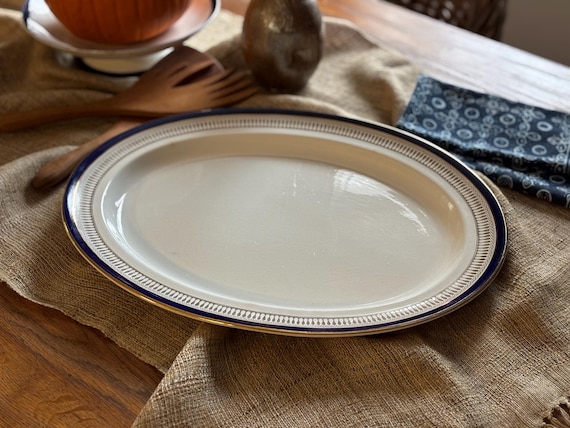 Booths Silicon English Earthenware Oval Platter with Navy and Gold Border Pattern