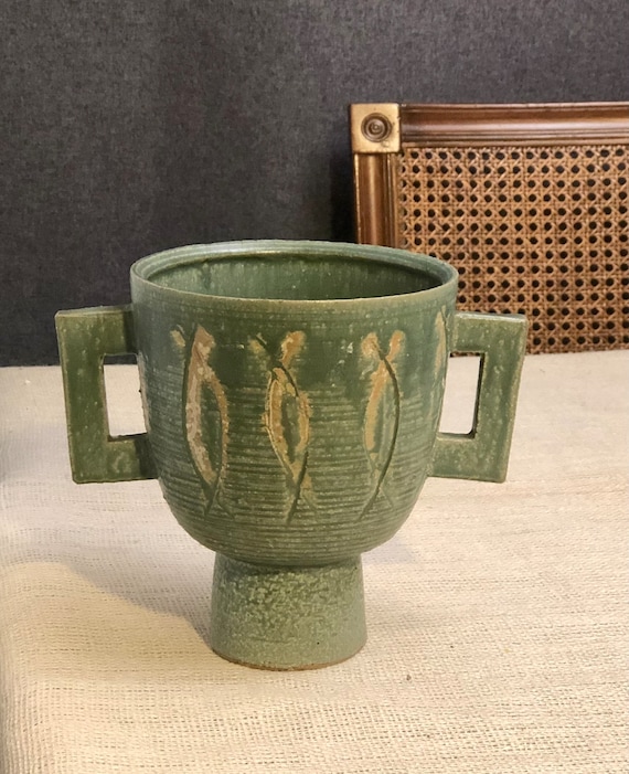 Toyo Ikebana Green Pottery Pedestal Chalice with Handles