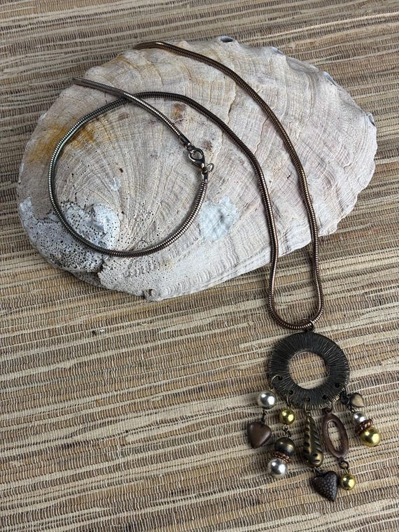 Metal Beaded Disc Pendant on Copper and Silver Snake Chain