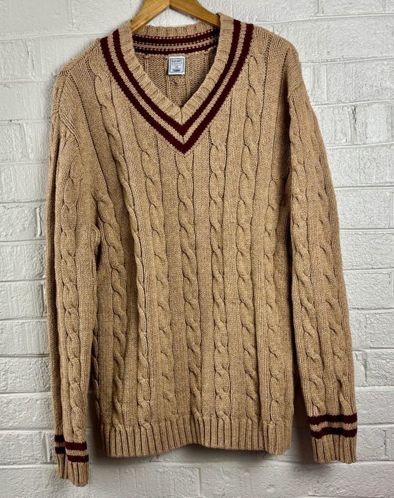 College Stripe Cable Knit Sweater Caramel and Maroon Cotton Blend size XL