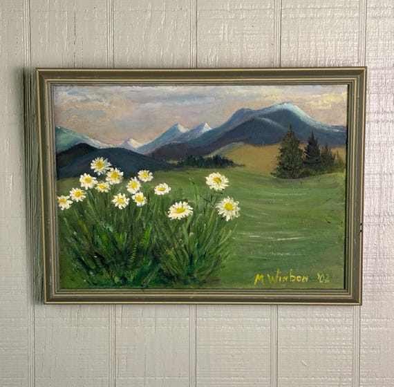 Primitive Acrylic Mountain Landscape Painting by M. Winbon 2002