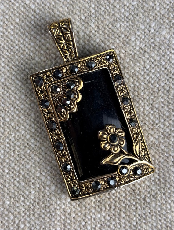 Vintage Black Glass Slide Pendant with Gold Accent and Black Rhinestones