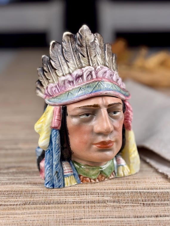 Native American Indian Chief Ceramic Tobacco Humidor Canister