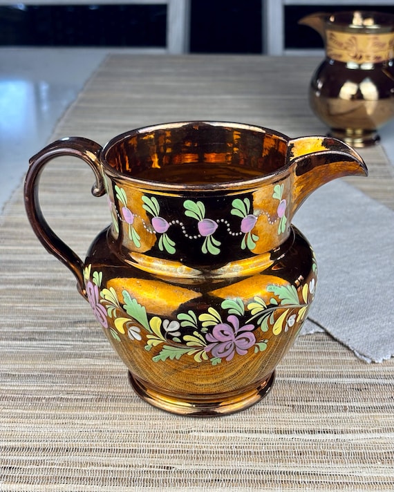Copper Lustre Pitcher with Hand Painted Floral Pattern Wade England