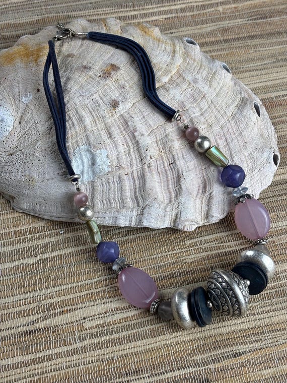Purple Stone Shell Leather Beaded Necklace