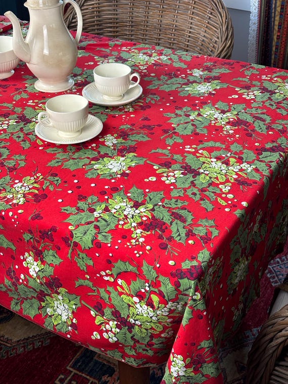 Rectangular Red Holiday Table Cloth with Holly and Mistletoe