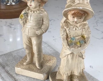 Country French Little Girl and Boy Chalk Ware Figurines set