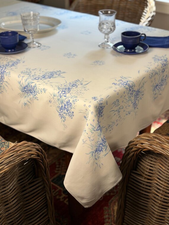Blue Floral Print Cotton Tablecloth 56”x52”
