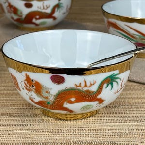 Chinese Porcelain Rice Soup Bowls with Dragons and Roosters (set of 4)